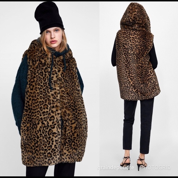 Zara Faux Fur Leopard Vest with Hood and Pockets - Picture 1 of 8